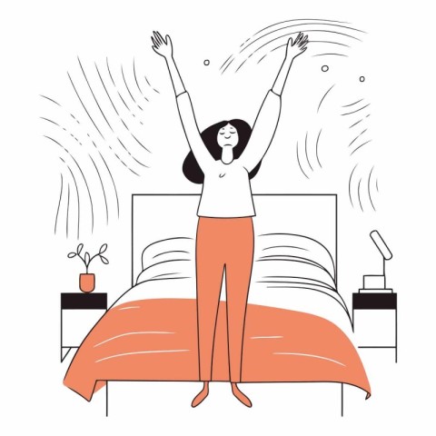 Happy young woman waking up in the morning in flat style