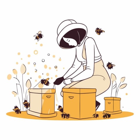 Beekeeper working in apiary in cartoon style.