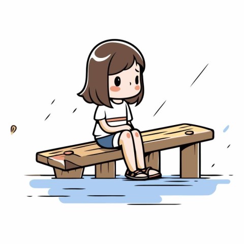 Girl sitting on a wooden bench in the rain.