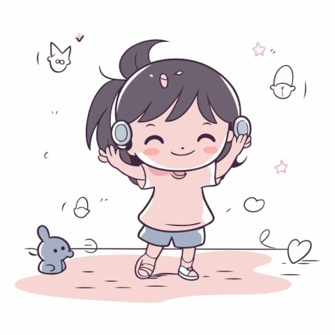 Cute little girl listening to music with headphones.