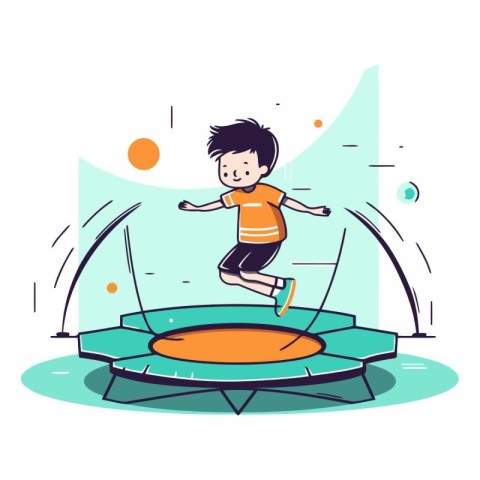 Boy jumping on a trampoline in cartoon style.