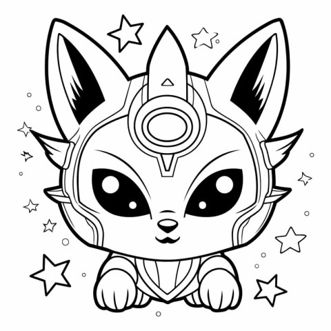 Cute fox in astronaut helmet. Black and white vector illustratio