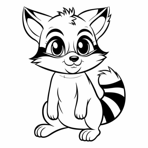 Cute Cartoon Raccoon - Black and White Vector Illustration