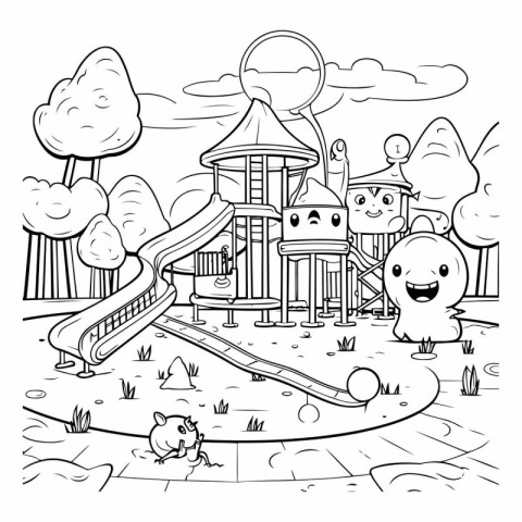 Outdoor Playground Black and White Cartoon Illustration for Colo