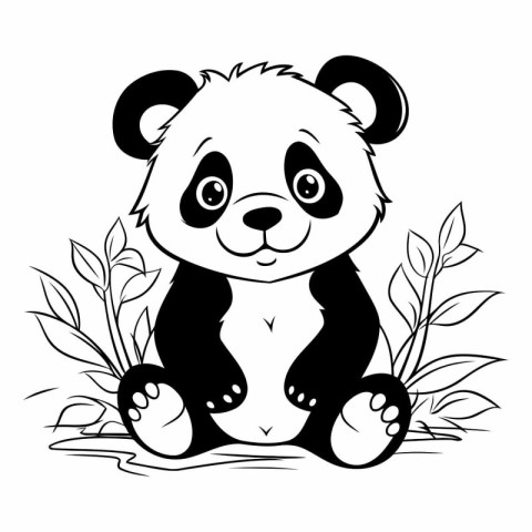 Cute panda sitting on the ground. Black and white vector illustr