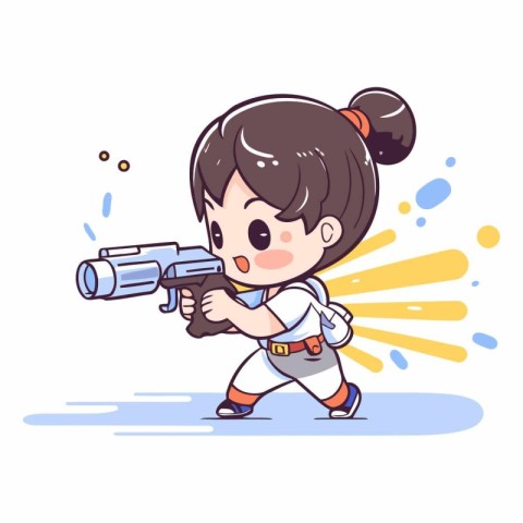 Cute little girl with a gun. Cartoon style.