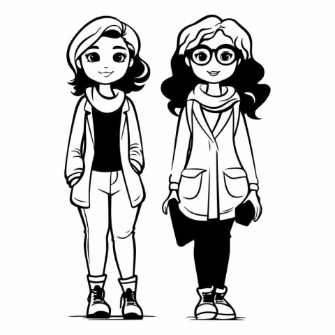 Vector illustration of two girls in casual clothes. Hand drawn f