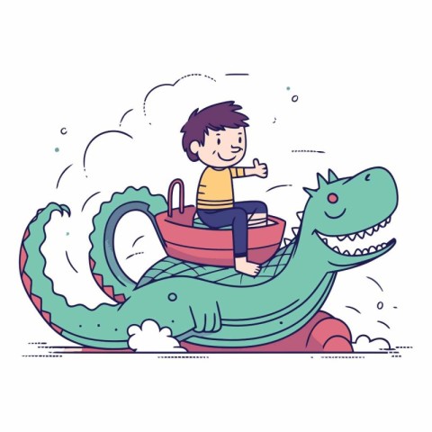 Cute little boy riding a giant crocodile.