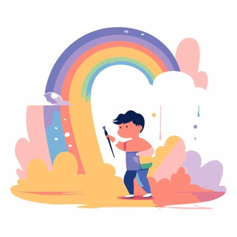 Cute Little Boy Playing with Rainbow in Park Vector Illustration