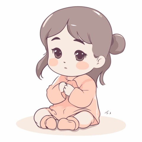 Cute little girl sitting on the floor in cartoon style.