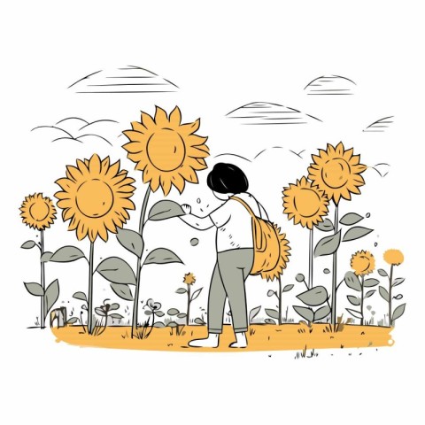 Boy in the field with sunflowers. Hand drawn vector illustration