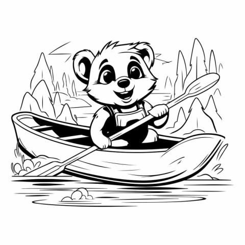 Black and White Cartoon Illustration of Cute Little Bear Kayakin