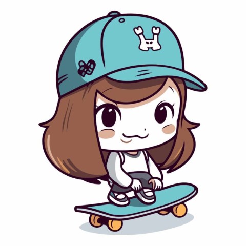 Cute Cartoon Girl Skateboarder Character Vector Illustration.