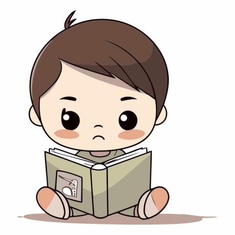 Cute little boy reading a book on white background.