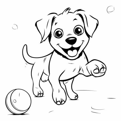 Black and White Cartoon Illustration of Cute Puppy Playing with