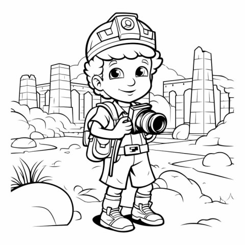 Black and White Cartoon Illustration of Kid Boy Traveler or Expl