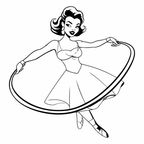 Cute girl gymnast with hoop. Black and white vector illustration