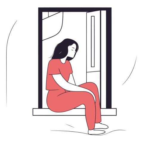 Sad woman sitting on the windowsill in flat style