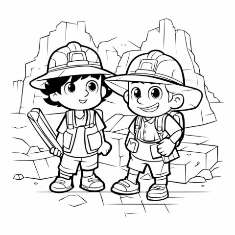 Black and White Cartoon Illustration of Kids Hiking or Camping C