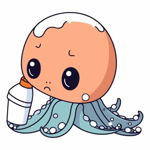 Illustration of a cute octopus with a bottle of milk.