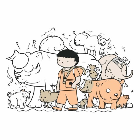 Illustration of a boy playing with a group of farm animals.