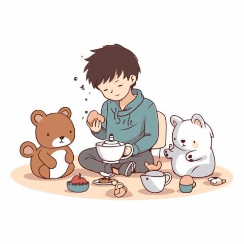 Cute boy playing with toys in cartoon style.