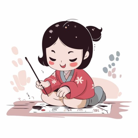 Cute little girl painting a picture with brush.