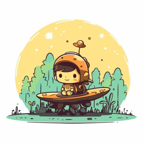 Cute little boy riding a flying saucer.