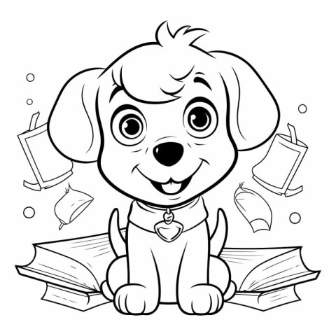 Black and White Cartoon Illustration of Cute Dog Reading a Book