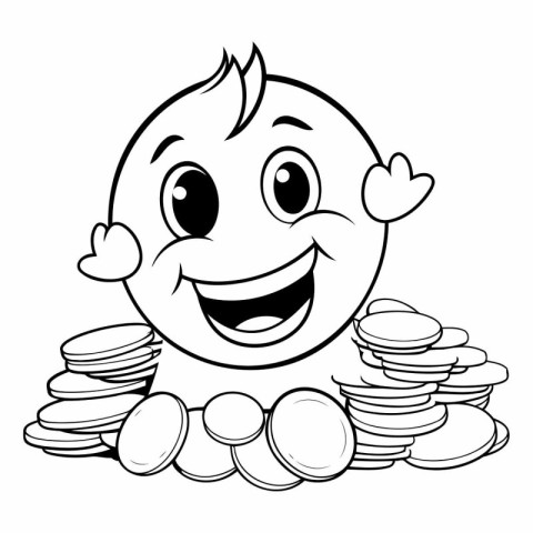 Illustration of a Cute Smiling Cartoon Man with Stack of Coins