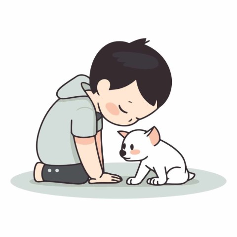 Cute little boy playing with a cat. Vector cartoon illustration.