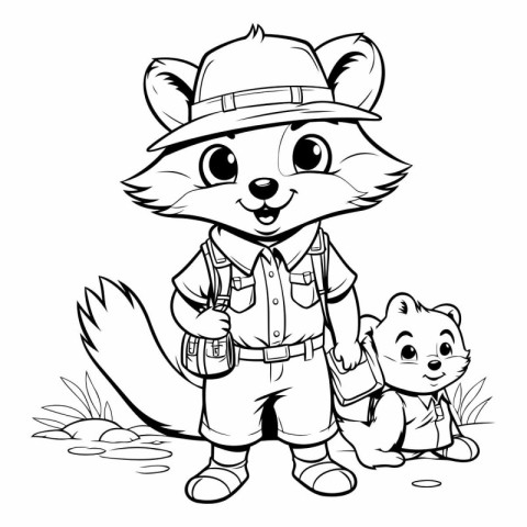 Black and white cartoon illustration of a fox with a bear cub.