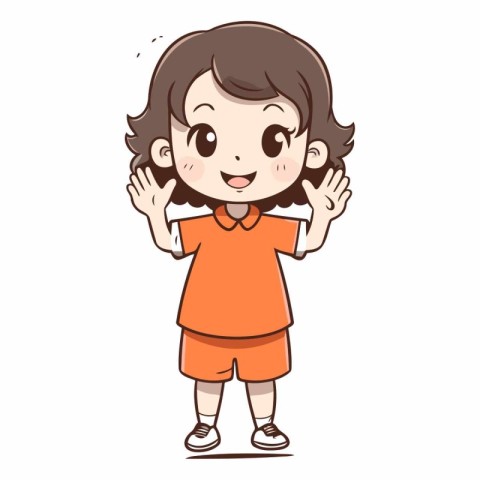 Cute little girl in orange t-shirt cartoon vector illustration.