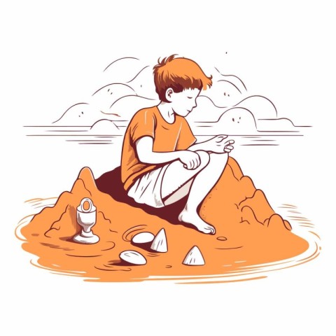 Boy sitting on the rock and looking at the sea