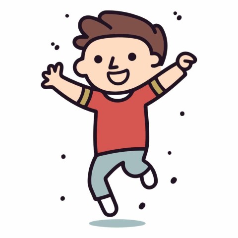 Happy boy jumping in doodle cartoon style.