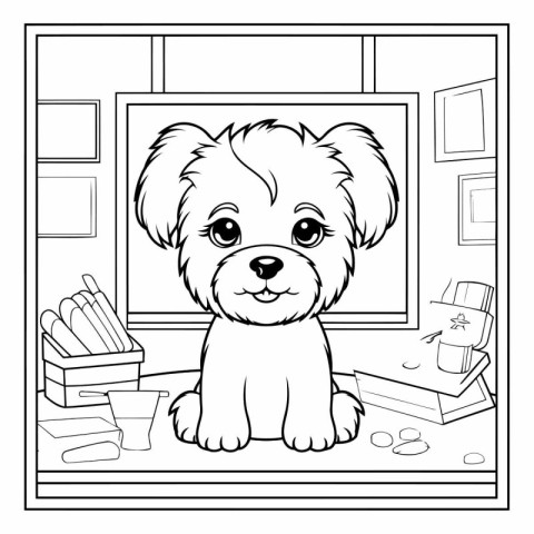 Black and white vector illustration of a shih tzu puppy sitting