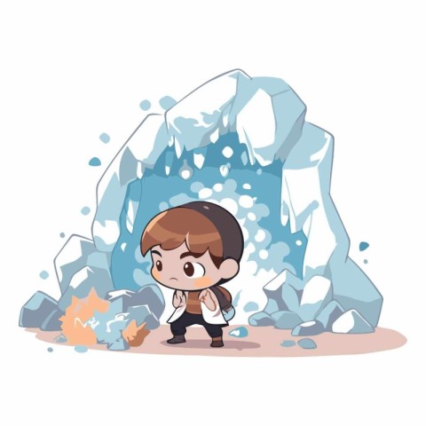 Cartoon boy standing in the ice and crying.