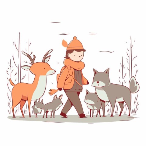 Cute little boy walking with a group of deer