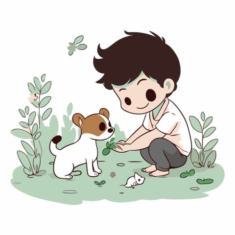 Boy playing with a dog in the garden. Vector cartoon illustratio