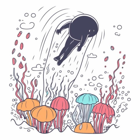 Hand drawn vector illustration of jellyfishes swimming in a sea.