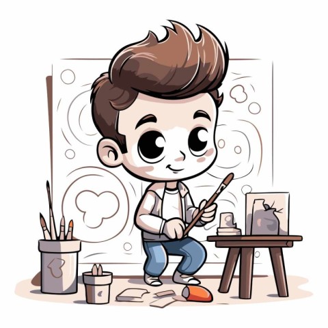 Cute boy painting a picture in his room.