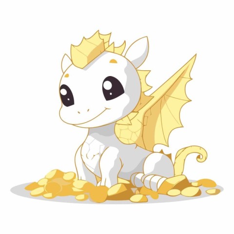 Dragon with golden crown and gold coins. Vector cartoon illustra