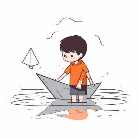 Little boy playing with origami boat. Hand drawn vector illustra