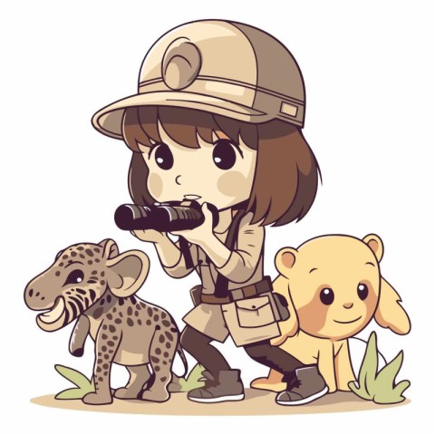 A cute girl in safari outfit with a camera and a dog