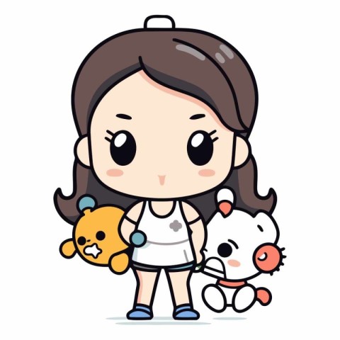 Girl with teddy bear - Cute Cartoon Girl Vector Illustration