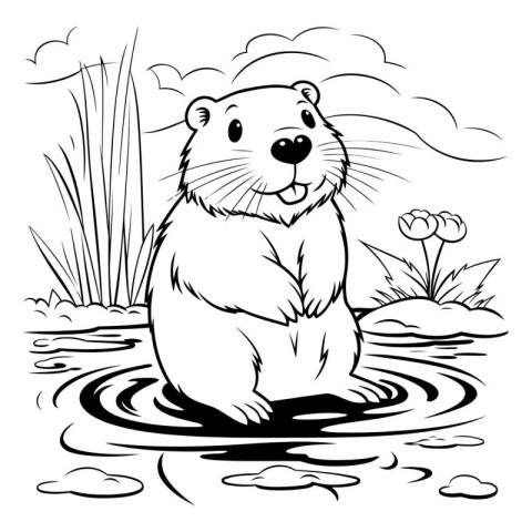 Cute hamster sitting in a pond. Black and white vector illustrat