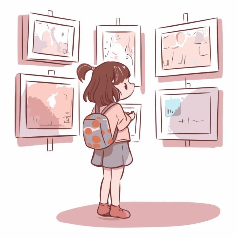 Illustration of a little girl looking at paintings in art galler