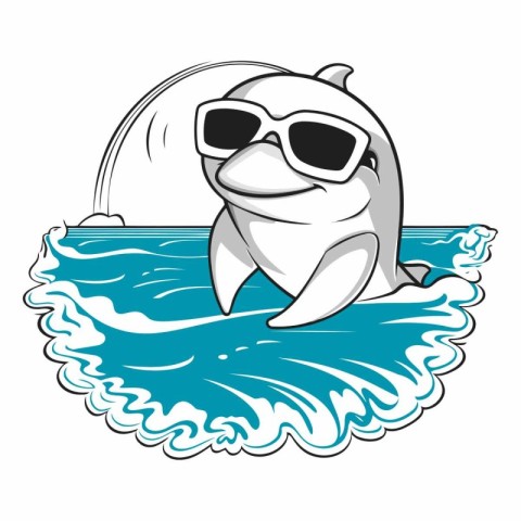 Cute dolphin in sunglasses swimming in the sea.