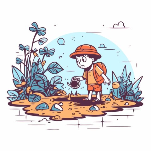 Cute little boy exploring nature in doodle style.