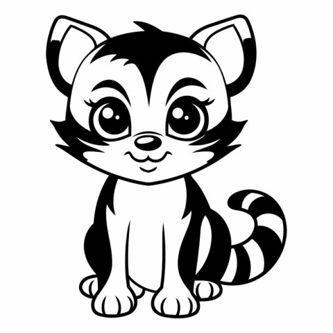 Cute Cartoon Raccoon - Black and White Vector Illustration